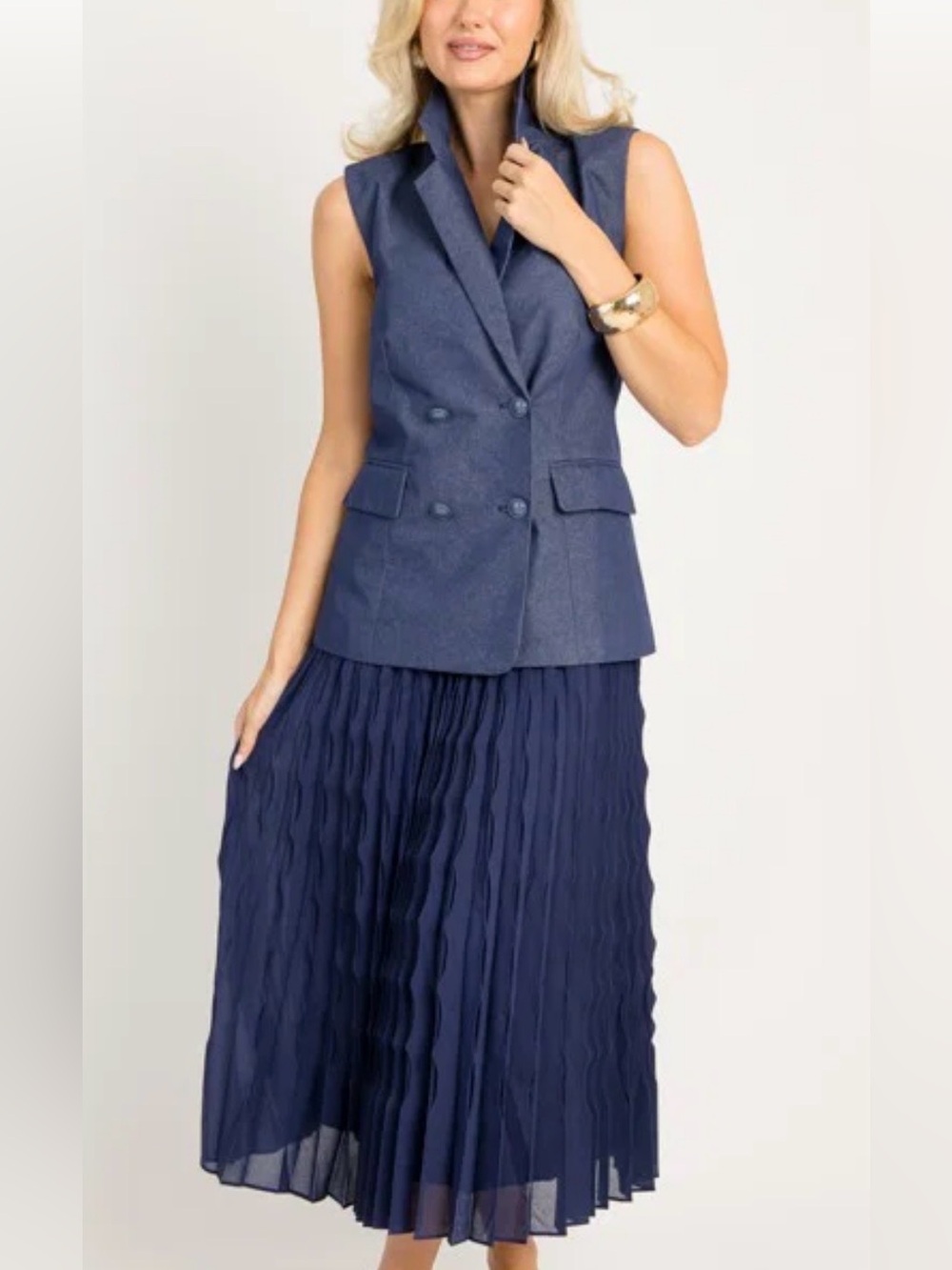 Current Air Navy Double-Breasted Vest with Matching Navy Pleated Skirt